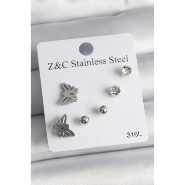 316L Çelik Gümüş Renk Zirkon Taşlı Kelebek Model Kadın Küpe Seti