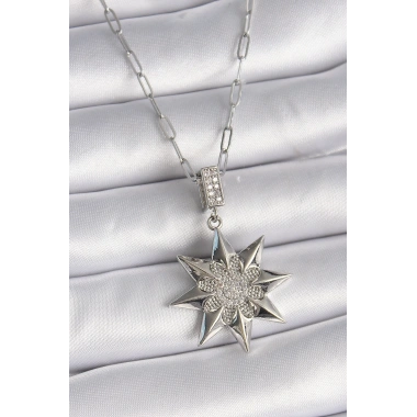 316L Çelik Gümüş Renk Zirkon Taşlı Kutup Yıldızı Model Kadın Kolye