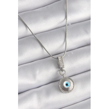 316L Çelik Gümüş Renk Zirkon Taşlı Nazar Boncuk Model Kadın Kolye