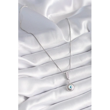 316L Çelik Gümüş Renk Zirkon Taşlı Nazar Boncuk Model Kadın Kolye