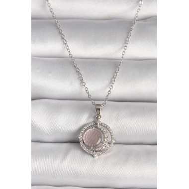 316L Çelik Gümüş Renk Zirkon Taşlı Pembe Sedefli Hilal Model Kadın Kolye