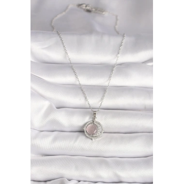 316L Çelik Gümüş Renk Zirkon Taşlı Pembe Sedefli Hilal Model Kadın Kolye