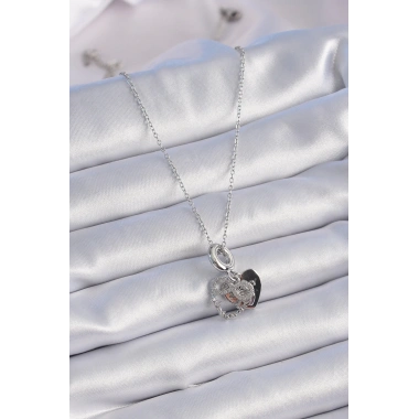 316L Çelik Gümüş Renk Zirkon Taşlı Sonsuzluk Kalp Figür Charm Model Kadın Kolye