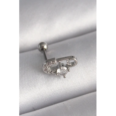 316L Çelik Gümüş Renk Zirkon Taşlı Toplu İğne Tragus Piercing