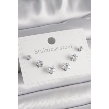 316L Çelik Gümüş Renk Zirkon Taşlı Yıldız Model Kadın Küpe Seti