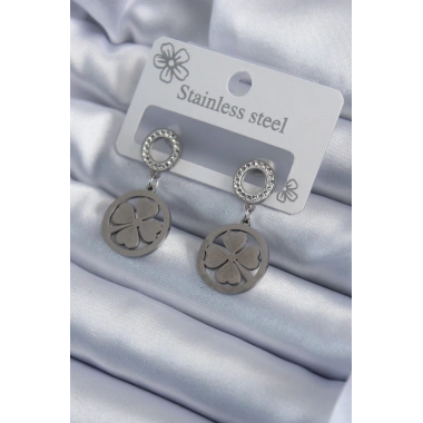 316L Çelik Gümüş Renk Zirkon Taşlı Yonca Model İşleme Detay Kadın Küpe