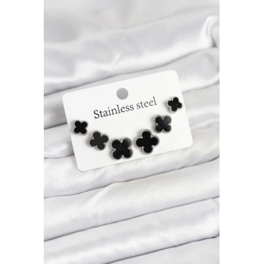 316L Çelik Gümüş Siyah Renk 3 Boy Yonca Küpe Seti