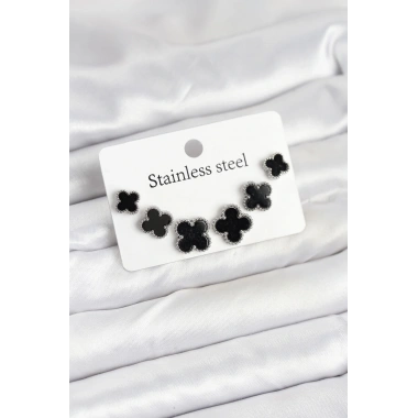 316L Çelik Gümüş Siyah Renk 3 Boy Yonca Küpe Seti