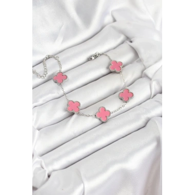 316L Çelik Gümüş Zincir Pembe Renk Yonca Bileklik