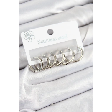 316L Çelik Halka Model Gümüş Renk 3lü Set Kadın Küpe