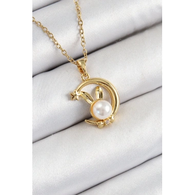 316L Çelik İnci Detaylı Hilal Tavşan Model Gold Renk Kadın Kolye