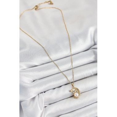 316L Çelik İnci Detaylı Hilal Tavşan Model Gold Renk Kadın Kolye