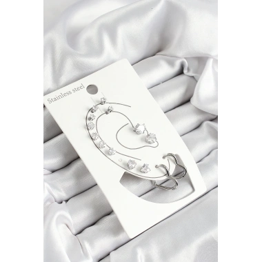 316L Çelik Kalp Figürlü Ve Zirkon Taşlı Gümüş Renk 7li Çift Kadın Küpe Set