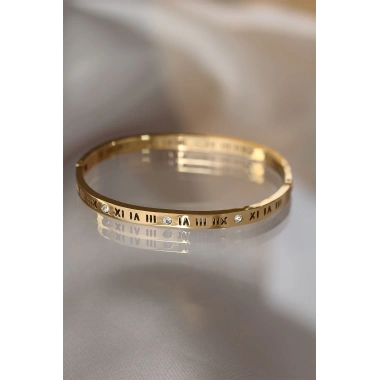 316L Çelik Roma Rakamlı Gold Renk Bilezik Kelepçe