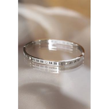 316L Çelik Roma Rakamlı Silver Renk Bilezik Kelepçe