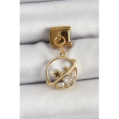 316L Çelik Sallantılı Zirkon Taşlı Satürn Model Gold Renk Nomination Charm