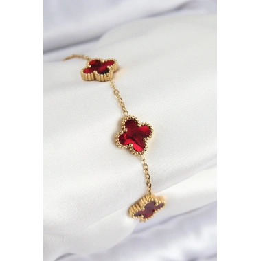 316L Çelik Sedefli Kırmızı Gold Renk Yonca Kadın Bileklik