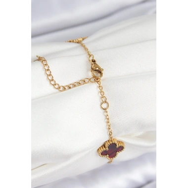 316L Çelik Sedefli Kırmızı Gold Renk Yonca Kadın Bileklik