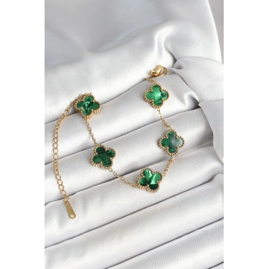 316L Çelik Sedefli Zümrüt Yeşil Gold Renk Yonca Kadın Bileklik