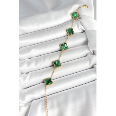 316L Çelik Sedefli Zümrüt Yeşil Gold Renk Yonca Kadın Bileklik