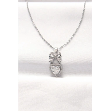 316L Çelik Silver Renk Zirkon Taşlı Kalpli Fiyonk Kolye