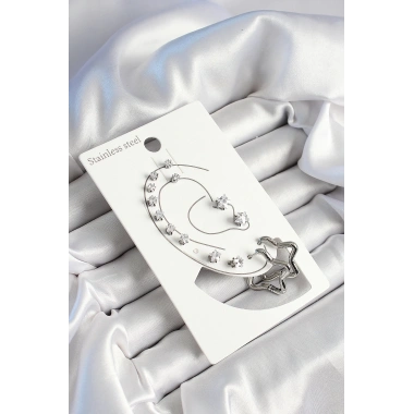 316L Çelik Yıldız Figürlü Ve Zirkon Taşlı Gümüş Renk 7li Çift Kadın Küpe Set