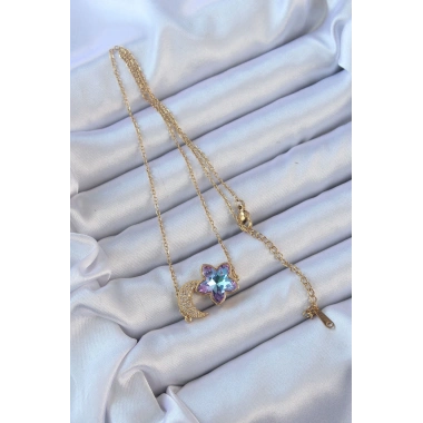 316L Çelik Zincir Altın Renk Ay Tasarımlı Renkli Zirkon Taşlı Çiçek Kolye