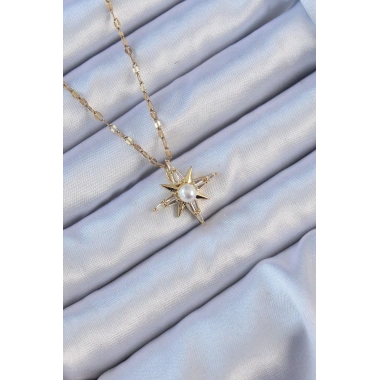 316L Çelik Zincir Altın Renk Baget Taşlı İnci Detay Kutup Yıldızı Kolye