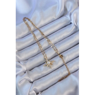 316L Çelik Zincir Altın Renk Baget Taşlı İnci Detay Kutup Yıldızı Kolye