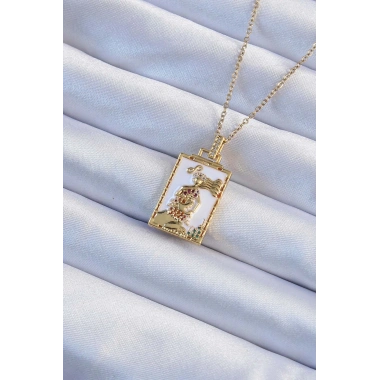 316L Çelik Zincir Altın Renk Beyaz Mineli Tarot Kolye