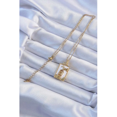 316L Çelik Zincir Altın Renk Beyaz Mineli Tarot Kolye