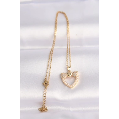316L Çelik Zincir Altın Renk İnci Taş Detay Zirkon Taşlı Kalp Kolye