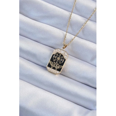 316L Çelik Zincir Altın Renk İşlemeli Siyah Mineli Tarot Kolye