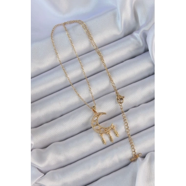 316L Çelik Zincir Altın Renk İşlemeli Zirkon Taşlı Ay Kolye