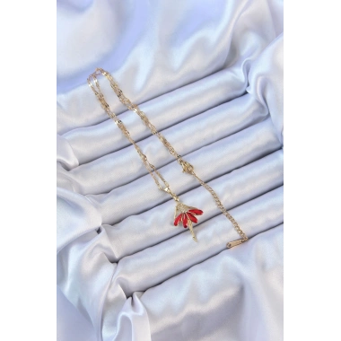 316L Çelik Zincir Altın Renk Kırmızı Etekli Zirkon Taşlı Balerin Kolye