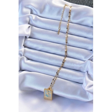 316L Çelik Zincir Altın Renk Mavi Mineli Tarot Kolye