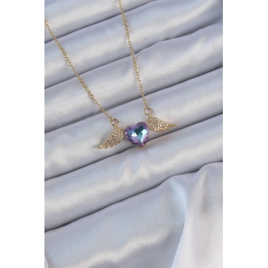 316L Çelik Zincir Altın Renk Mavi Mor Zirkon Taşlı Kanatlı Kalp Kolye