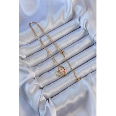 316L Çelik Zincir Altın Renk Mineli Kelebek Figür Zirkon Taşlı Kalp Kolye