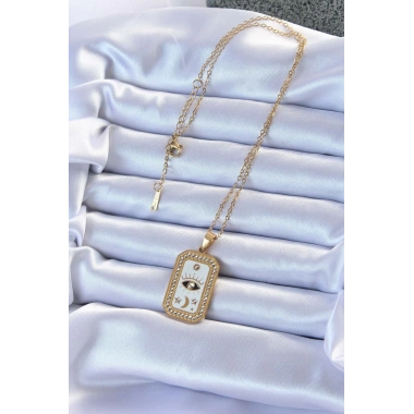 316L Çelik Zincir Altın Renk Mineli Zirkon Taşlı Göz Figür Tarot Kolye