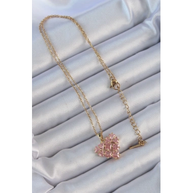 316L Çelik Zincir Altın Renk Pembe Parçalı Zirkon Taşlı Kalp Kolye