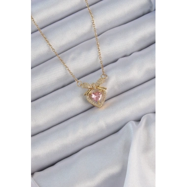 316L Çelik Zincir Altın Renk Pembe Zirkon Taşlı Fiyonklu Kalp Kolye