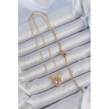 316L Çelik Zincir Altın Renk Pembe Zirkon Taşlı Fiyonklu Kalp Kolye