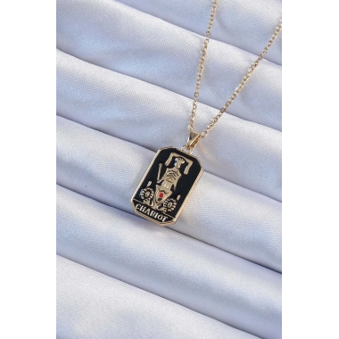 316L Çelik Zincir Altın Renk Siyah Mineli Tarot Kolye