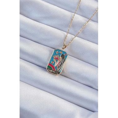 316L Çelik Zincir Altın Renk Taç ve Kız Figürlü Renkli Mineli Tarot Kolye