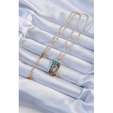 316L Çelik Zincir Altın Renk Taç ve Kız Figürlü Renkli Mineli Tarot Kolye