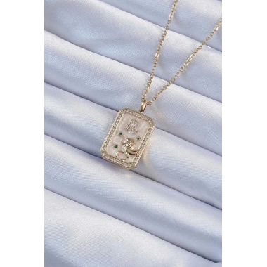 316L Çelik Zincir Altın Renk Zirkon Taşlı Aslan Figürlü Tarot Kolye