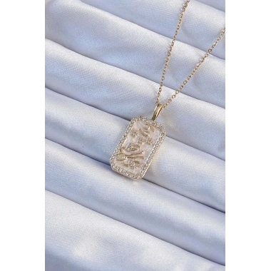 316L Çelik Zincir Altın Renk Zirkon Taşlı Çerçeveli Tarot Kolye