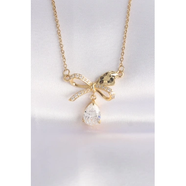 316L Çelik Zincir Altın Renk Zirkon Taşlı Damla Detay Fiyonk Kolye