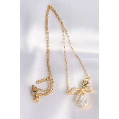 316L Çelik Zincir Altın Renk Zirkon Taşlı Damla Detay Fiyonk Kolye