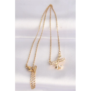 316L Çelik Zincir Altın Renk Zirkon Taşlı Kalp Detay Fiyonk Kolye